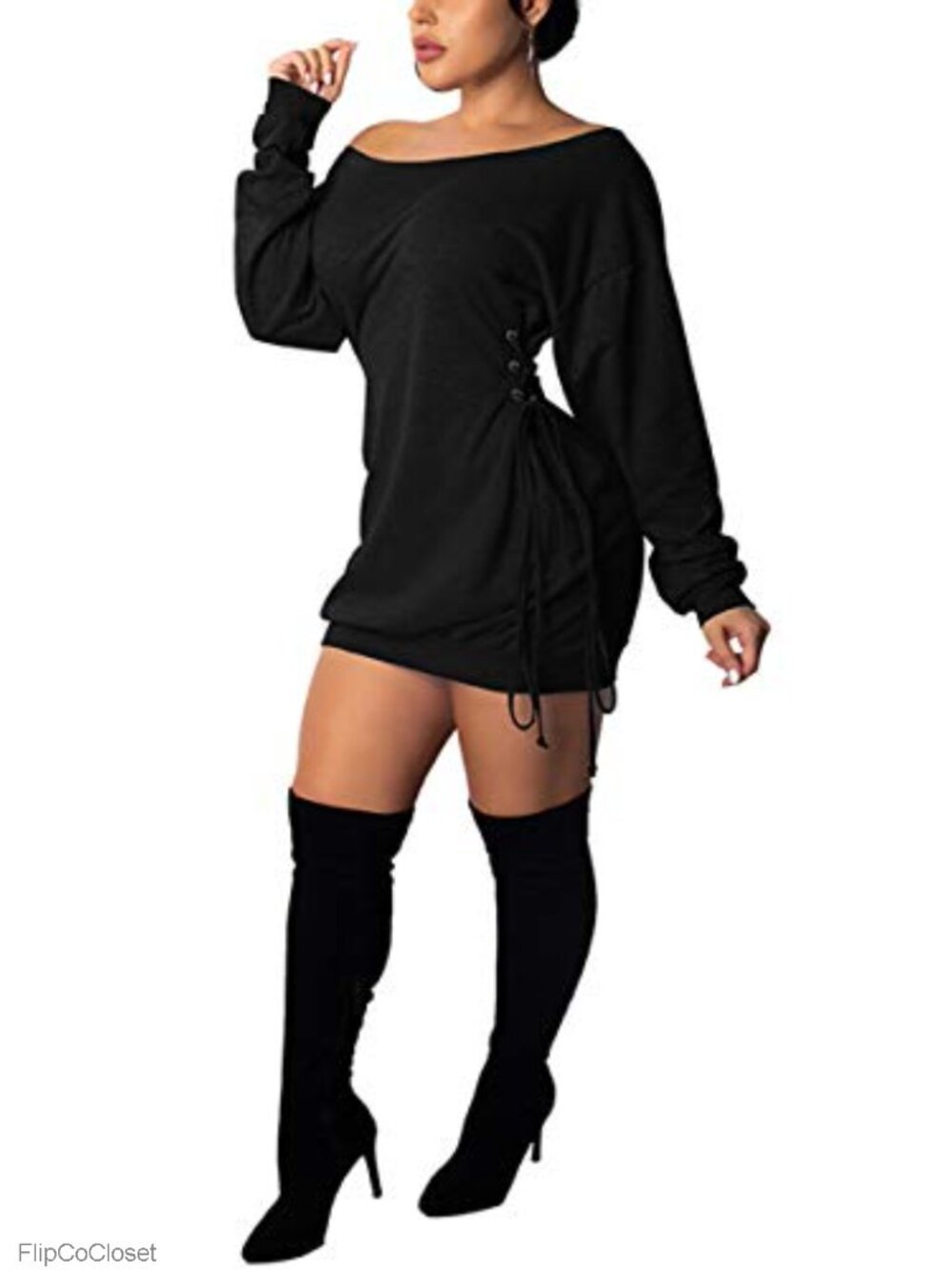 Women Casual Fall Dress - Long Bell Sleeve Pleated Bodycon Fitted Mini Work